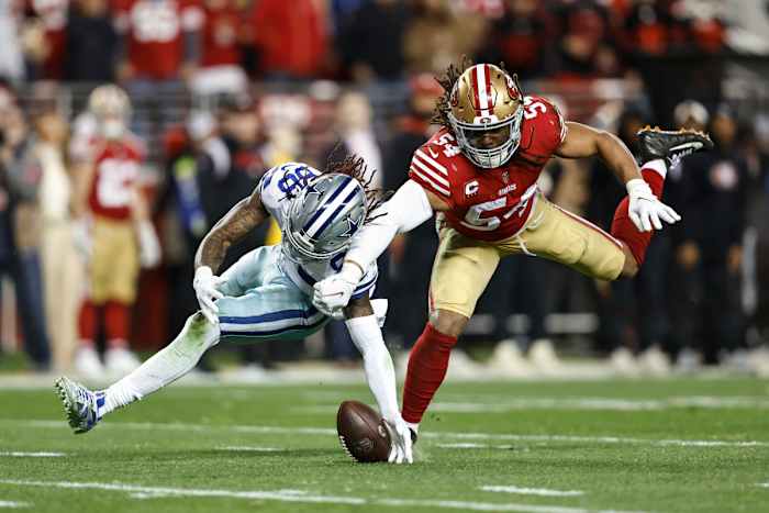 Fred Warner breaks up a pass intended for CeeDee Lamb in the 49ers playoff win over the Cowboys in January 2023